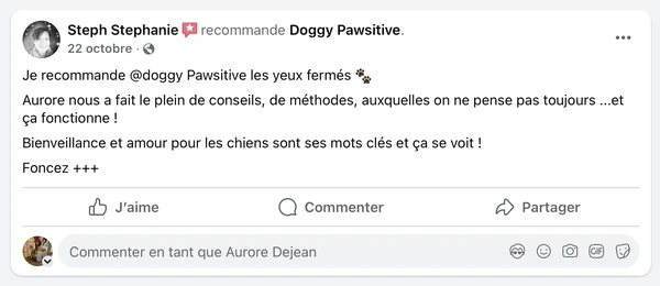 Avis client sur l’accompagnement en éducation canine à Coutansouze
